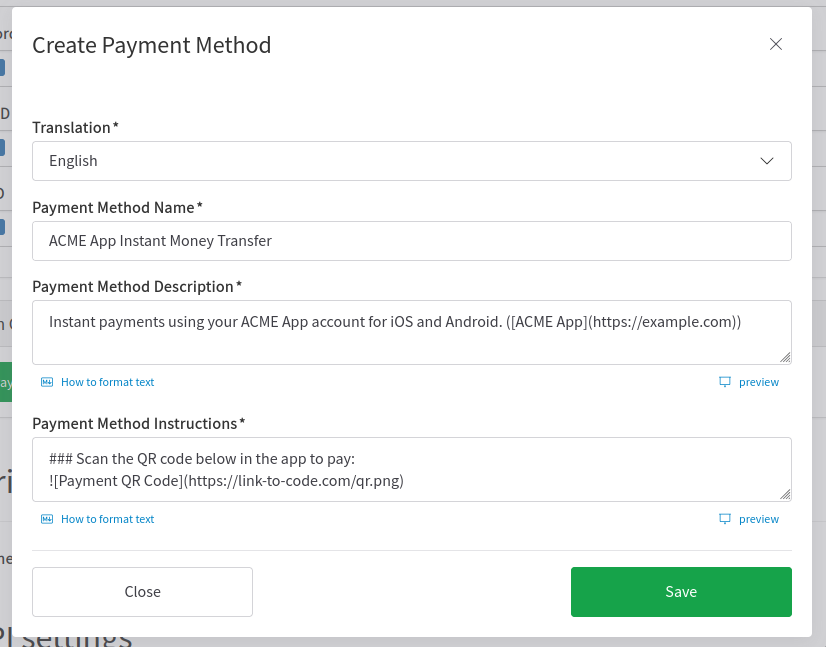 Create new payment method dialog