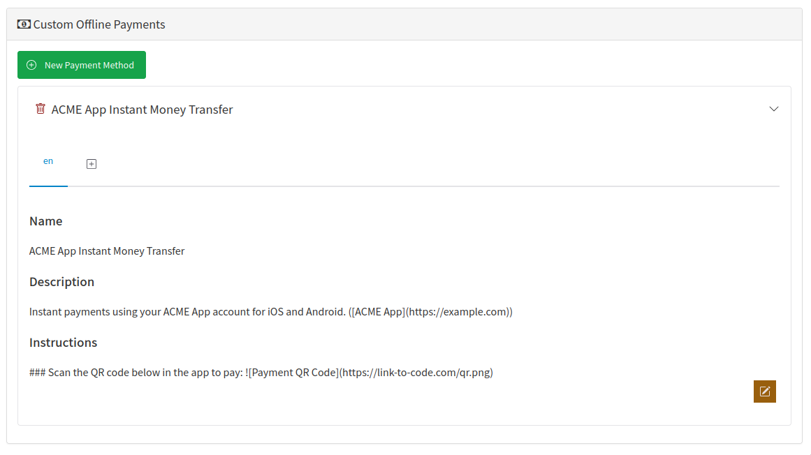 Configured payment method expanded