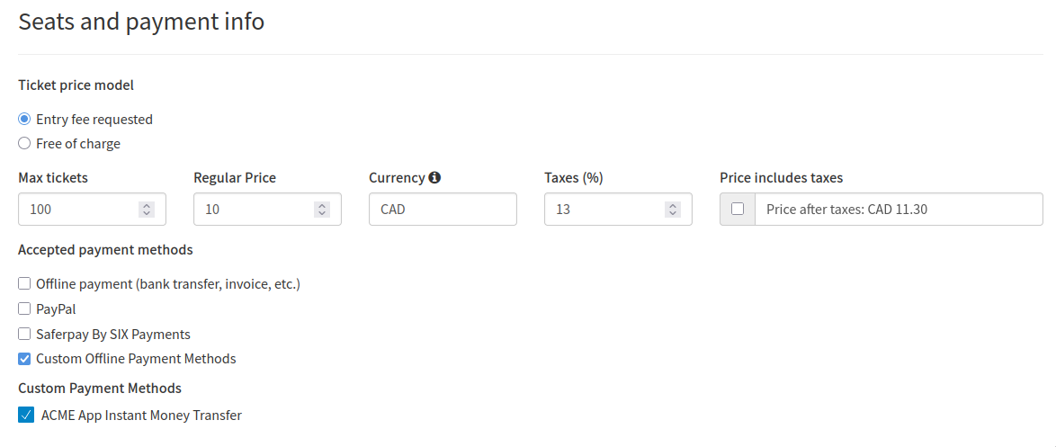 Configuring event to use custom offline payment method