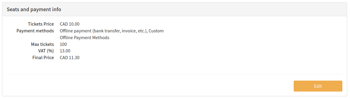 Seats and payment info section edit button