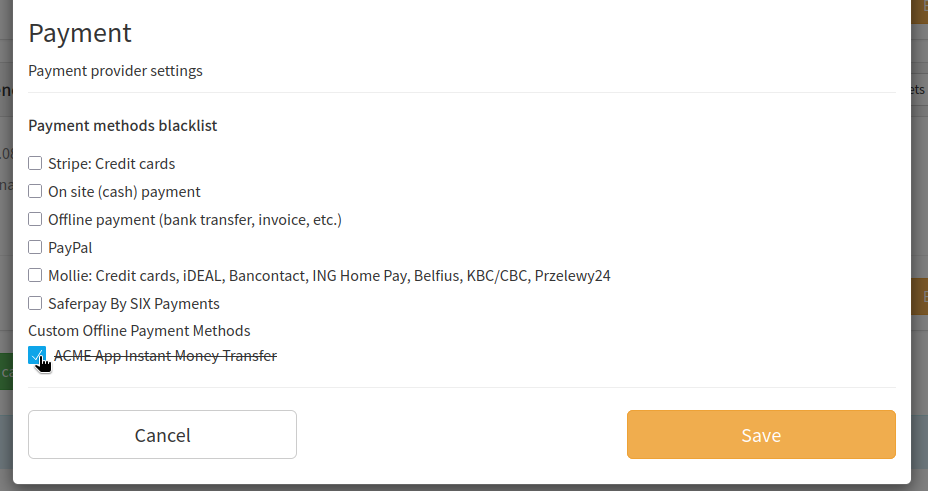 Setting custom payment method disabled for VIP category